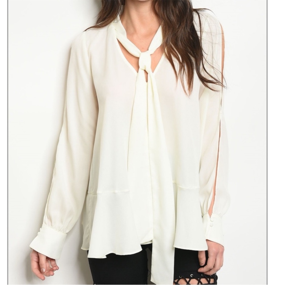 Ivory Neck Tie Long Sleeve Blouse - Picture 5 of 6
